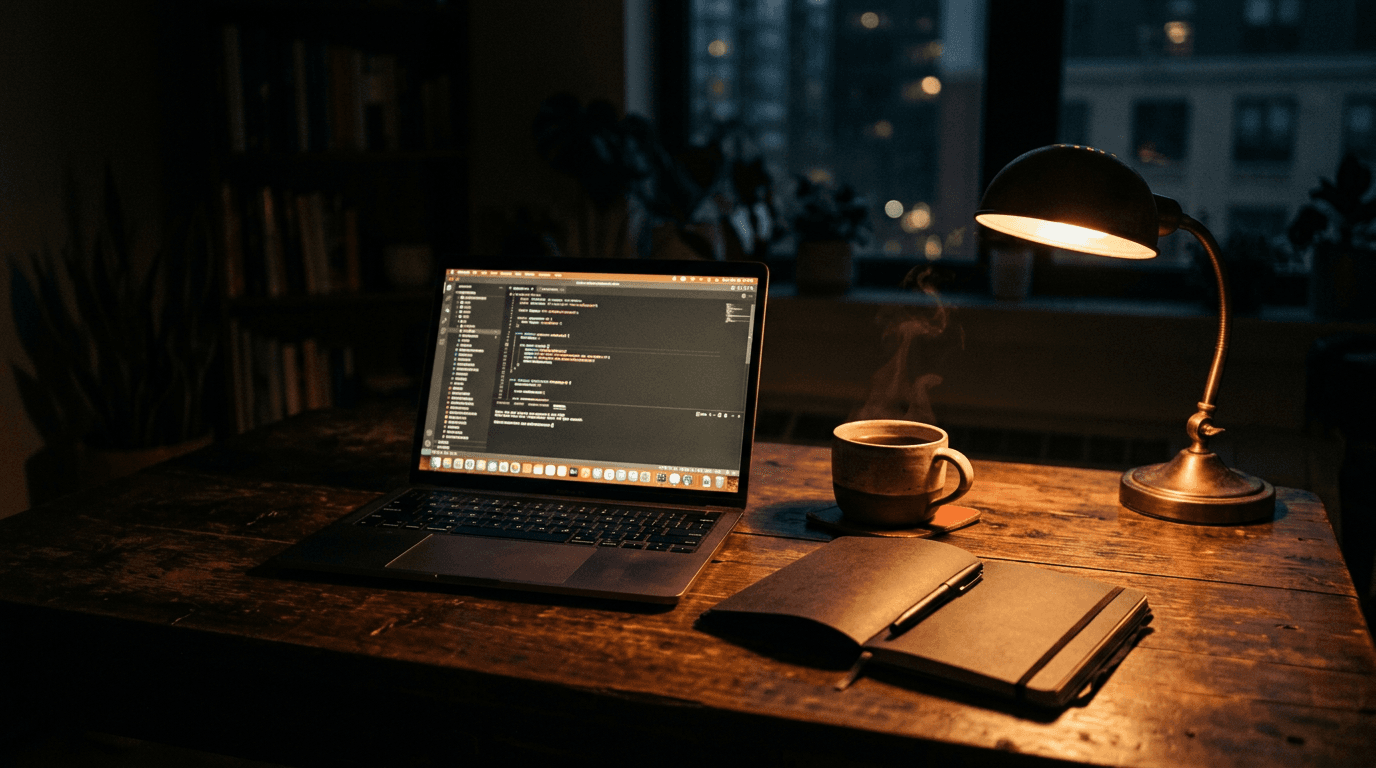 Meja kerja dengan laptop, buku catatan, dan lampu saat menyelesaikan pembayaran lewat Aurevia Digital